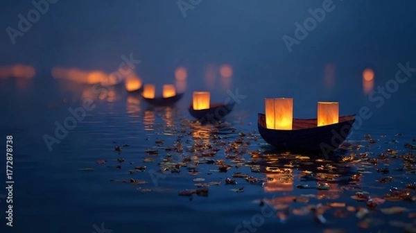 Fototapeta Foggy canal with paper lantern reflections and tiny boats of shells smoky gray water deep indigo horizon candlelight gold shimmer focused tranquil composition