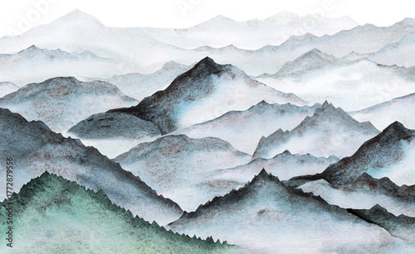 Fototapeta Watercolor illustration of panoramic view of the blue mountains, party design and winter wedding