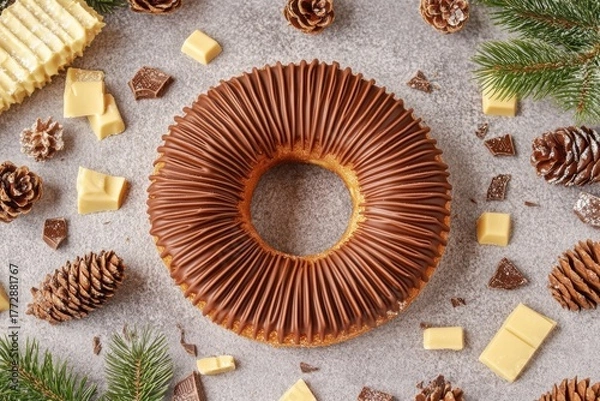 Fototapeta Round chocolate donut hole center is placed gray slice of traditional