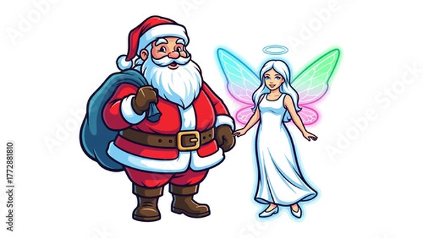 Fototapeta Holiday Unity: Santa Claus and a Fairy, a heartwarming holiday illustration of Santa Claus holding hands with a fairy, creating a scene of Christmas joy and holiday cheer.
