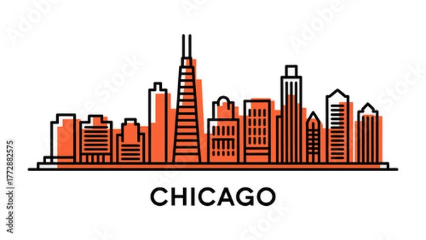 Fototapeta Chicago Cityscape: An abstract outline of the iconic Chicago skyline, with a minimalist design featuring towering skyscrapers, representing a bustling metropolis and urban landscape.
