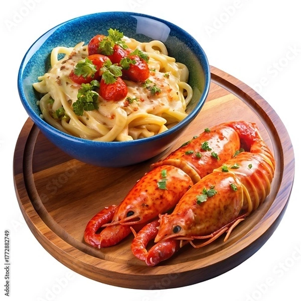 Fototapeta On a blue plate and in a wooden bowl over a white and transparent background Lobster Thermidor Pasta, with a small side of tomato sauce white background
