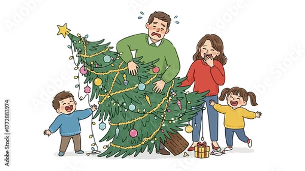 Obraz Christmas Tree Mishap: A family grapples with a tilting Christmas tree, moments of holiday cheer and shared laughter. A humorous scene, decorated Christmas tree, adding to the holiday memories.