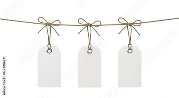 Obraz Three blank white price tags hanging on a string isolated on transparent background
