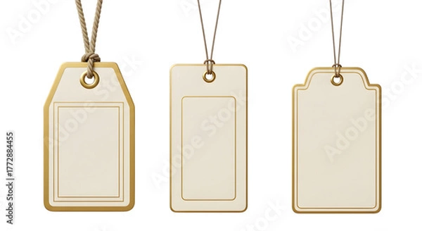 Obraz Three blank beige gift tags with gold trim and string hanging isolated on transparent background