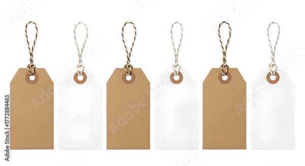 Obraz A row of six blank gift tags, alternating between brown kraft paper and white cardstock, hanging from strings and isolated on a transparent background