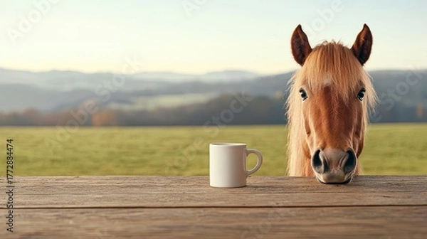 Obraz A curious horse peeking over a wooden table next to a white coffee mug in a serene countryside setting