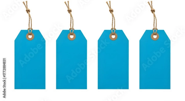 Obraz Four blank blue price tags with strings, isolated on transparent background