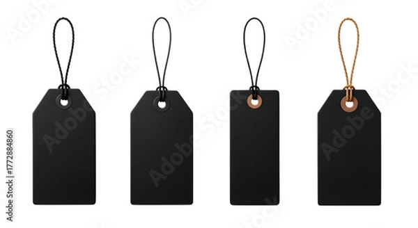 Fototapeta Four blank black price tags with strings, isolated on transparent background