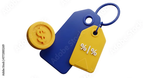 Obraz A 3d render of a blue price tag and a yellow discount tag with percentage symbols, next to a gold coin with a dollar sign, isolated on transparent background