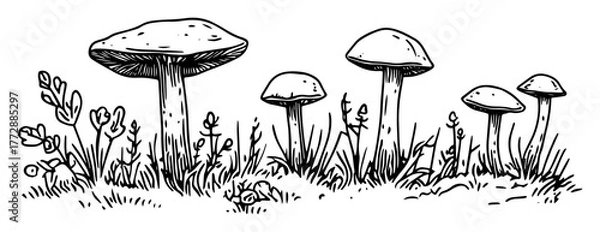 Fototapeta hand-drawn vector illustration of wild mushrooms in forest grass in outline style