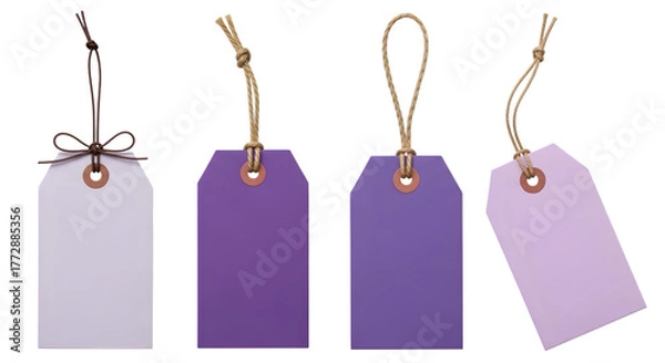 Obraz Four blank price tags, gift tags, or labels, isolated on transparent background, featuring a white tag with a bow, two purple tags, and a light purple tag, each with a string for attachment