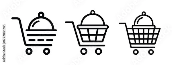 Fototapeta Food Ordering and Takeaway E-commerce Icon Set | Cloche in Shopping Cart