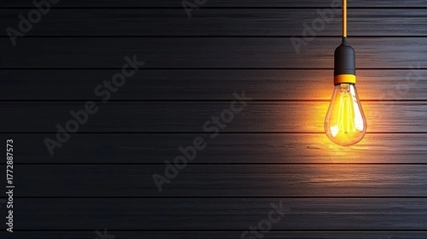 Fototapeta Elegant vintage light bulb glowing softly against a black wooden wall, creating a warm and inviting ambiance