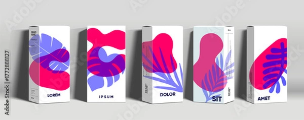 Fototapeta A set of five modern product packaging designs featuring abstract shapes in vibrant pink and purple hues. Each box displays unique artistic patterns, creating a visually appealing and contemporary