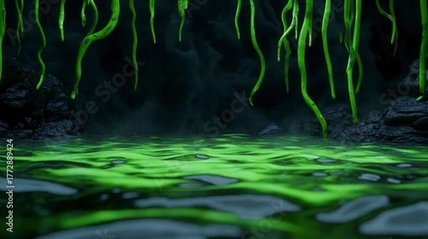 Fototapeta Eerie underground scene with glowing green tendrils and mysterious water reflections