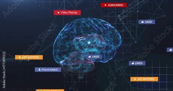 Fototapeta Floating blue wireframe brain glowing, linking through digital network with notification tags