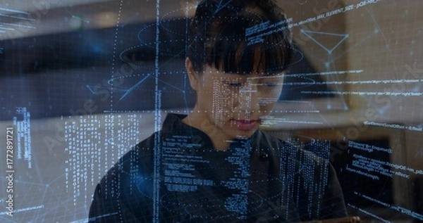 Obraz Mid adult Asian engineer analyzing code on holographic interface in tech lab, with handheld tablet