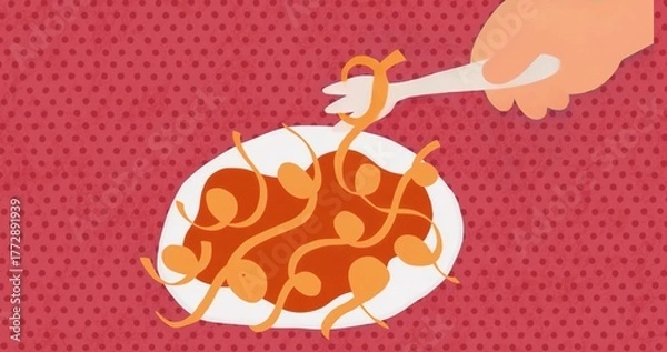 Fototapeta Twirling white fork lifting noodles over plate on table at red polka-dot backdrop, with sauce blobs