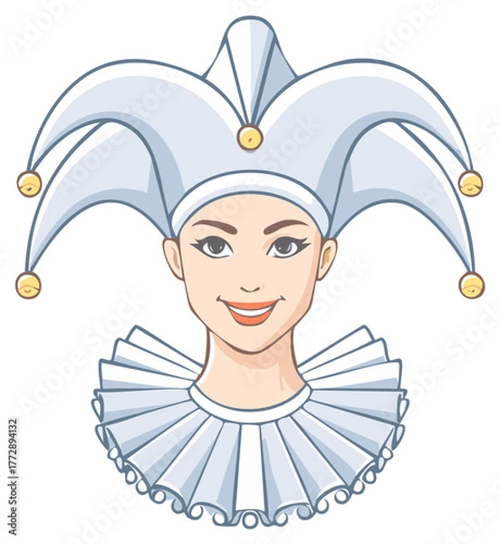 Fototapeta Beautiful smiling woman in a jester hat and ruff collar cartoon portrait