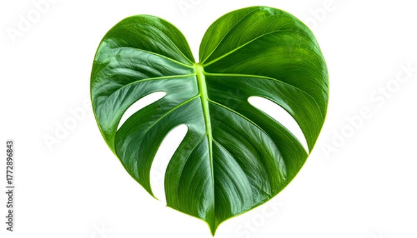 Obraz Heart-shaped, vibrant green tropical leaf with distinctive holes against a black background