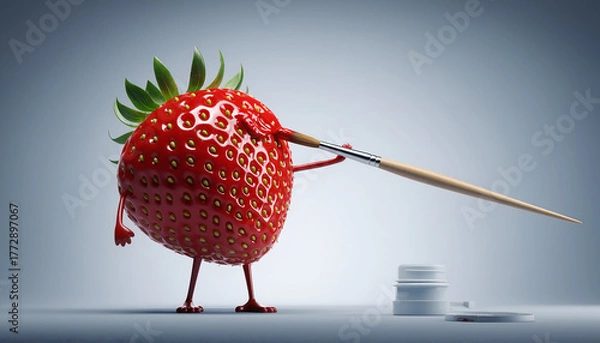 Fototapeta Funny Strawberry Painting Itself with a Brush – Surreal Art