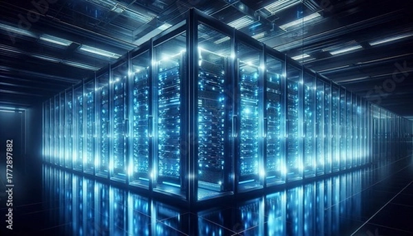 Fototapeta futuristic server room glowing with blue lights, reflections on glass panels, data center