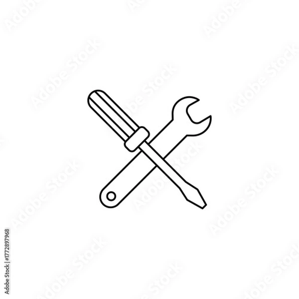 Fototapeta Wrench and screwdriver outline icon. Can be used for any platform action promotion and advertising mockup. Isolated symbol sign used for: mobile, app, design, web, dev, ui, ux, gui. EPS 10.