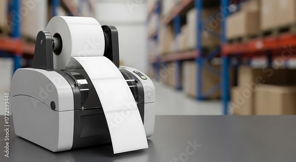 Fototapeta Professional thermal label printer efficiently producing shipping labels in a modern warehouse setting, ready for immediate dispatch and fulfillment operations