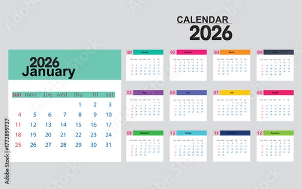 Obraz Modern Colorful 2026 Calendar Template