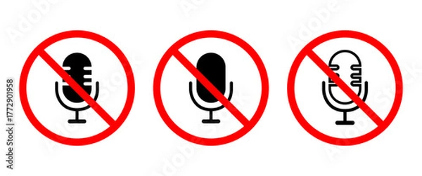 Fototapeta No Microphone Symbol Icon Collection for Mute, Silent, or Recording Restrictions Design, Sound Off Warning Sign, and Prohibition Label Graphic Resource for Presentation, Poster, and App Interface