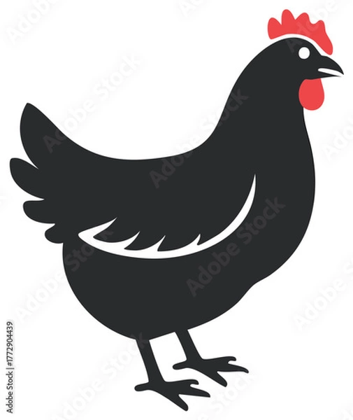 Fototapeta Stylized black hen illustration with red comb and wattle, profile view