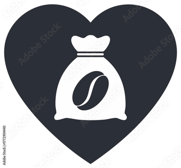 Fototapeta Love of Coffee: Heart Silhouette with Coffee Bean Bag, Warmth and Affection Icon
