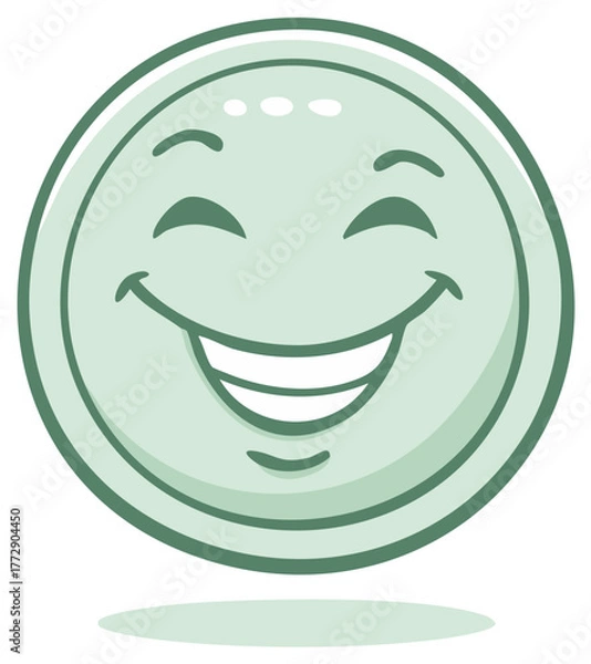 Fototapeta Cute cartoon green smiling face with eyes closed and wide open mouth