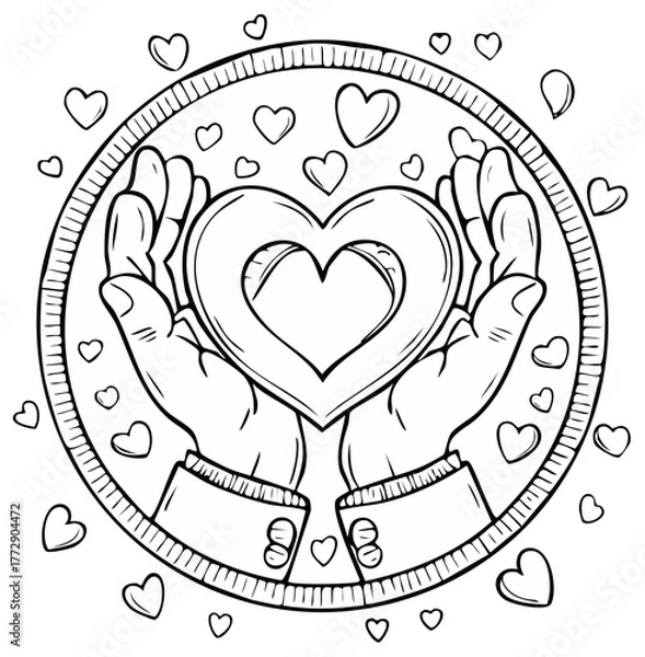 Fototapeta Hands Holding Heart in Circle Line Art for Valentine's Day Coloring Page