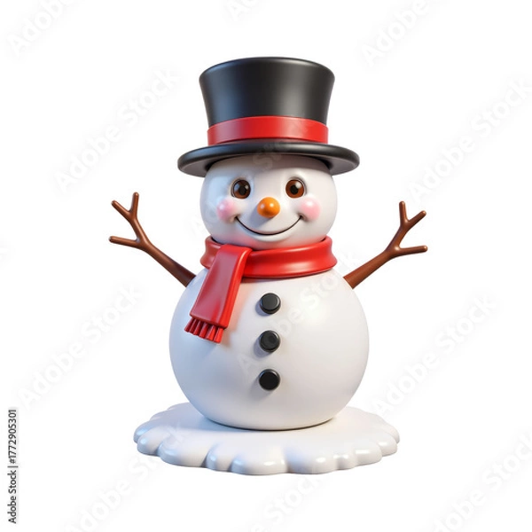 Obraz snowman, coal eyes, carrot nose, coal smile, top hat, striped scarf, stick arms, buttons, snowy base 3D Icon – Glossy Minimal Emoji Style, Isolated PNG object