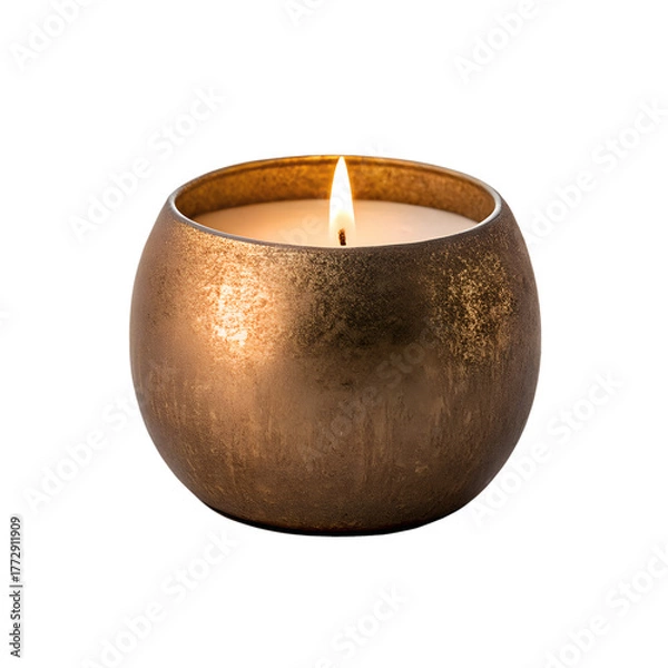 Fototapeta Burning scented candle in a textured copper holder isolated on transparent background