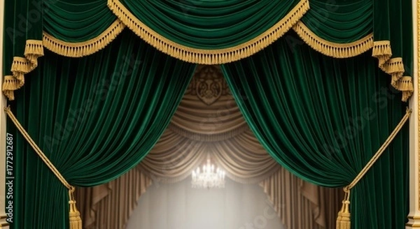 Fototapeta Elegant Stage Curtains Background - Luxurious velvet curtains with gold trim, perfect for theatrical backdrops and elegant events