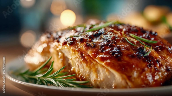 Obraz Juicy roasted turkey breast served with herbs and festive sides on a dinner table