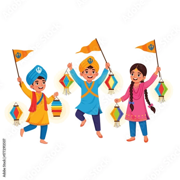Fototapeta Joyful Sikh children in traditional attire celebrating Guru Nanak Jayanti with flags and colorful lanterns, a vibrant cultural festival