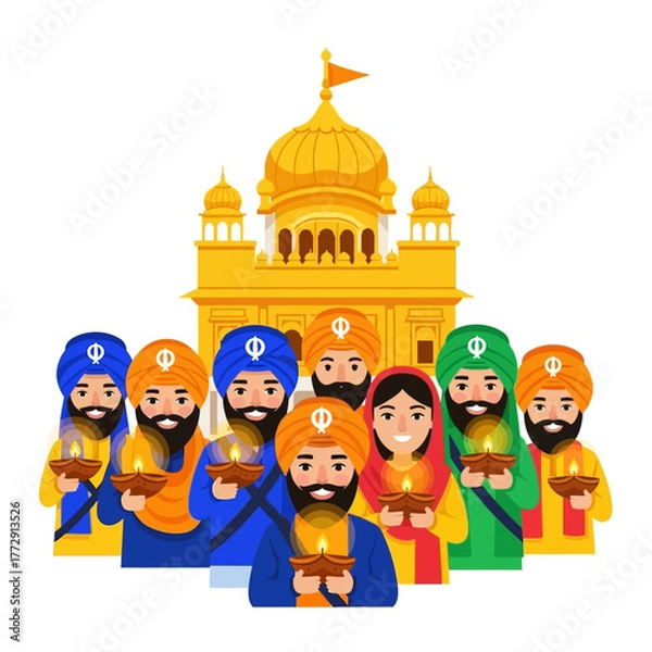Fototapeta Sikh devotees holding lit oil lamps, celebrating a festival of light in front of a golden temple, symbolizing peace, devotion, and community spirit in a vibrant illustration