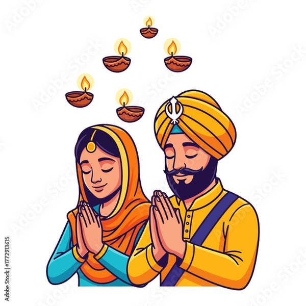 Fototapeta A devout Sikh couple in traditional Punjabi attire with hands joined in prayer, celebrating a festival of lights like Gurpurab or Diwali