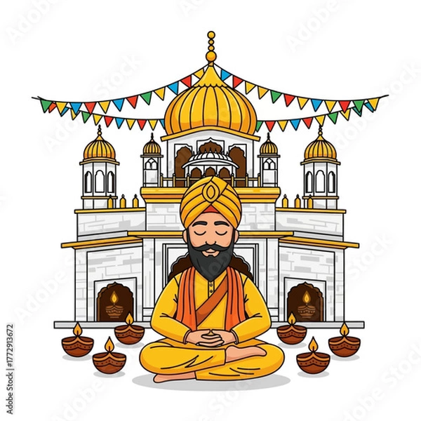 Fototapeta Sikh Man Meditating in Front of Golden Temple Illustration