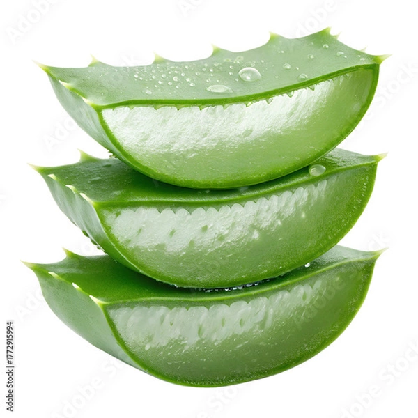 Obraz Three fresh aloe vera slices stacked on a transparent background isolated on transparent background