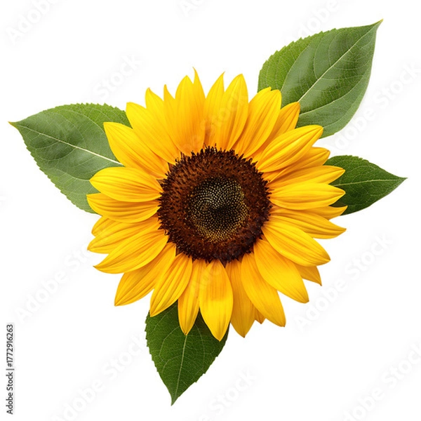 Obraz Bright yellow sunflower with green leaves isolated on transparent background