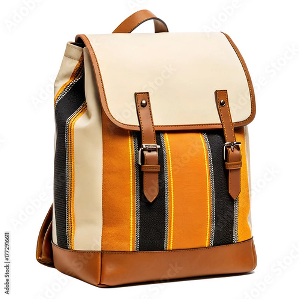 Fototapeta Colorful striped backpack with leather accents isolated on transparent background