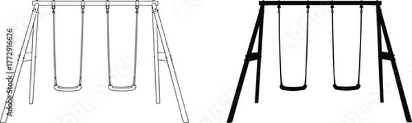 Obraz Playground swing set vector illustration, children outdoor play equipment, silhouette and line drawing comparison, flat design, cad drawing flat vector illustration