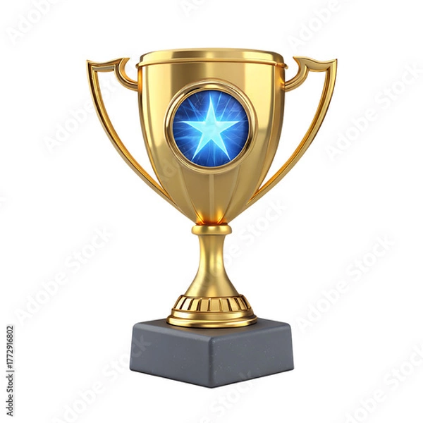 Obraz Golden trophy with blue star emblem isolated on transparent background