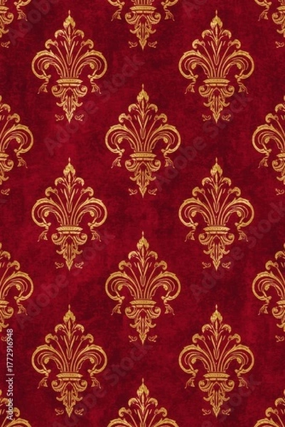 Fototapeta Elegant gold fleur de lis pattern on rich textured red background, evoking luxury and regal sophistication for premium designs.