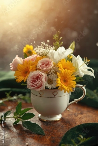 Fototapeta Delicate floral arrangement in a vintage teacup with soft golden light creating a warm, inviting atmosphere for home decor